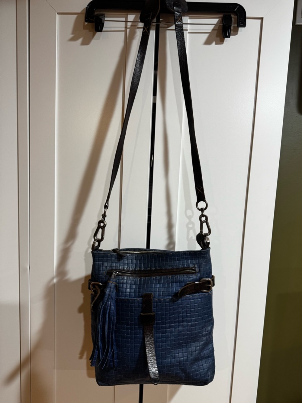 Navy Woven Crossbody Bag with Tassel Accent